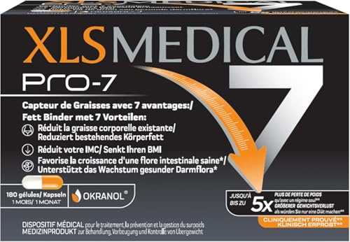 XLS MEDICAL Pro-7 - Gélules pour une aide à la perte de poids - 7 avantages - Perdez jusqu'à 5x plus de poids qu'avec un régime seul (1) - 180 gélules - 1 mois de traitement