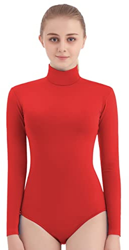 SUPRNOWA Body a Manica Lunga in Lycra Spandex a Collo Alto da Donna (S, Rosso)
