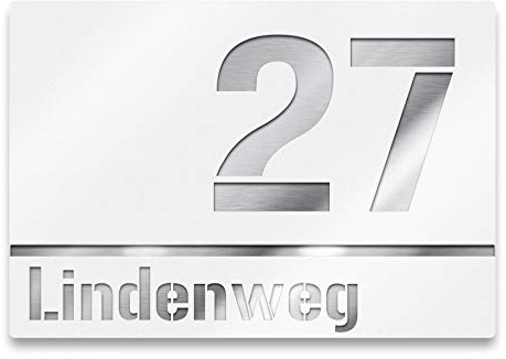 Metzler Hausnummer Edelstahl, individuelles Hausnummernschild in Weiß, Straßenschild mit Hausnummer, V2A, rostfrei und gebürstet, 3D-Effekt, einfache Montage, Made in Germany, Größe: 25 x 17,5 cm