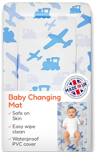 Babycurls Baby Changing Mat with Raised Foam Edges - Wipe Clean Waterproof PVC Nappy Changing Mat - Hypoallergenic Foam - UK Made Nursery Essential, Trains & Planes, 76 x 45 cm Baby Pad
