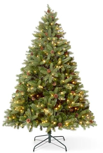 VeryMerry 6FT 'Ascot' Pre-Lit Christmas Tree with 300 Built-In Warm White LED Lights with Auto-Off Timer, 8 Lighting Modes and Real Decorative Pinecones