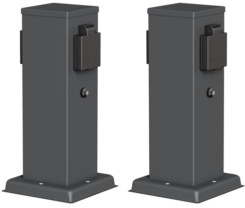 ledscom.de 2 pièces Colonne de Prises de Courant de Jardin Polly pour l'extérieur, IP44, capteur crépusculaire, 2 Fois, Acier Inoxydable, Anthracite, carré, 27 cm