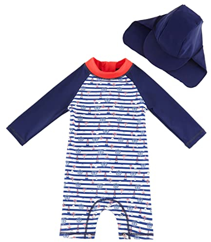 UMELOK Baby Jungen Badeanzug UV Schutz 50+ Einteilige Schwimmanzug Mit Sonnenhut (Blau Leuchttürme, 6-9 Monate/68-74 cm)
