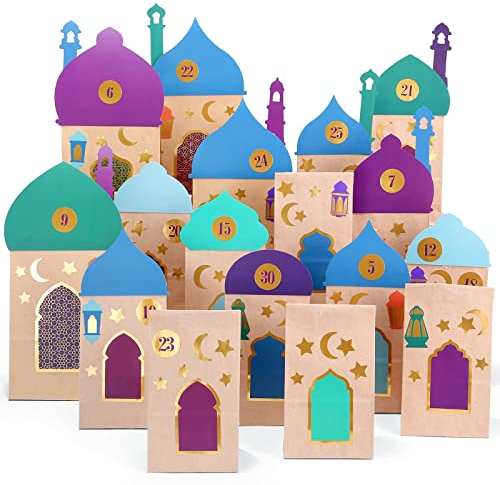 Encham Ramadankalender zum Befüllen 30 Stk Papiertüten ramadan kalender kinder Ramadan deko Eid Mubarak DIY Geschenktüten Kraftpapiertüten muslimischen deko Islam zuckerfest deko