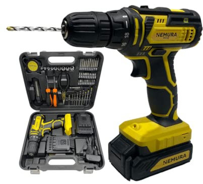 Nemura Perceuse Visseuse Sans Fil 20V - Livrée avec 2 Batteries 1,5 Ah - Tournevis Électrique avec Poignée Soft Grip et Lampe Led - Malette avec 54 Accessoires - Marque Française