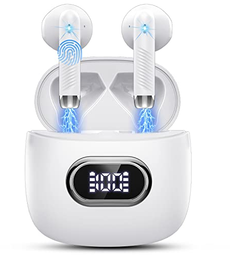 Cuffie Bluetooth 5.3, Auricolari Bluetooth Sport con HD Mic Stereo, Cuffie Wireless In Ear Mini Cuffie Senza Fili IP7 Impermeabili, Cuffiette Bluetooth LED Display/Ricarica Rápida/USB-C 42H Bianco