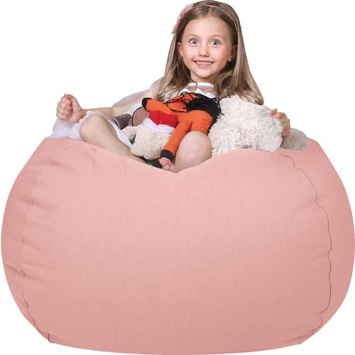 WEKAPO Stuffed Animal Storage Bean Bag Chair Cover for Kids | Stuffable Zipper Beanbag for Organizing Children Plush Toys Large Premium Cotton Canvas (Solid Pink, X-Large)