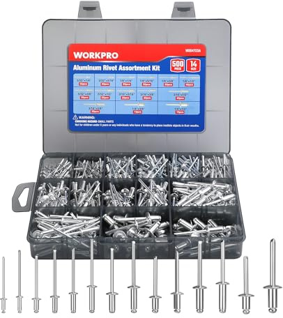WORKPRO 500pcs Aluminum Blind Rivets, 14 Sizes Pop Rivets Assortment Kit (3/32 1/8 5/32 3/16 1/4), Assorted Blind Rivets for Metal with Reinforced Label Case- Sliver