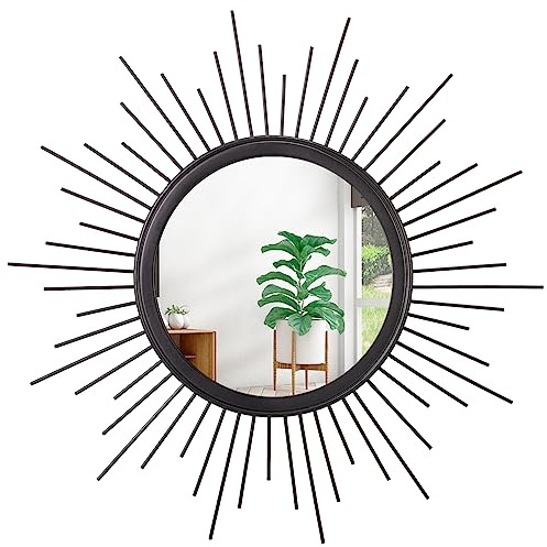 HLFMVWE Large Sunburst Wall Mirror Boho Home Decor Round Wall Art Mirror Modern Metal Hanging Mirror Bathroom Bedroom hallway balcony Vanity Living room Entryway Black 50 x 50 cm