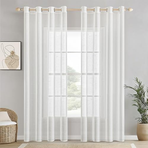 EMEMA Voile Vorhang Sheer Leinenvorhang Transparente Leinen Gardinen Ösenschal Wohnzimmer Wohnzimmer Modern 2er Set Fensterschal Dekoschal Schlafzimmer mit Ösen 140 x 225cm (B x H) Weiß
