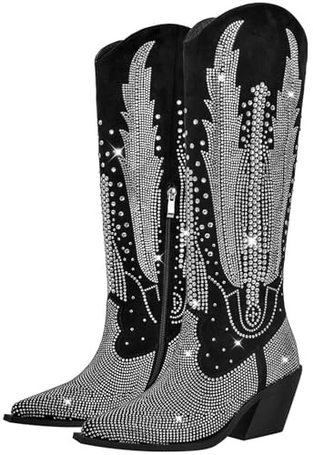 RONILURN Knee High Cowboy Boots for Women Cowgirl Western Boots Rhinestone Bling Pointed Toe Chunky Heel Pull On Fashion Shoes Tall Black Boot
