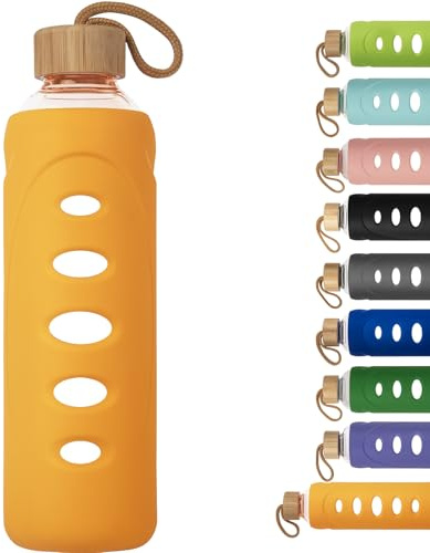 Ferexer 1 litre / 1l / 1000 ml Sport Borosilicate Glass Water Bottle with Protective Silicone Sleeve and Bamboo Lid (orange)