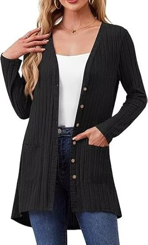 YGJIEGENG Black Cardigans for Women UK, Long Sleeve Womens Cardigan Open Front Cardigans Button Down V Neck Ribbed Knit Lightweight Outerwear with Pocket,L