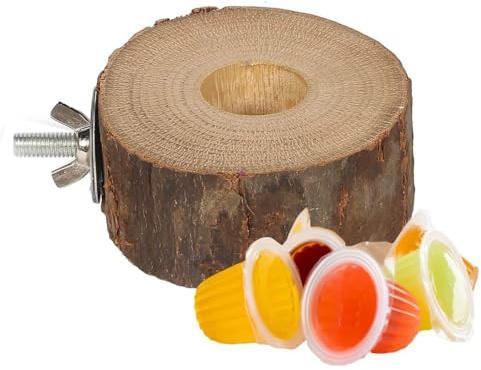 Parrot Fruit Jelly Cups with Wooden Bird Treats Holder - 6 Pack Assorted Jelly Pots Flavours - Parrot Treat & Foraging Toy
