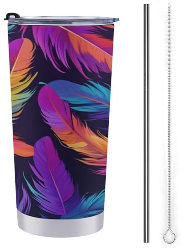 20 Oz Tumbler Travel Cup Colorful Feathers Pastel and Neon Colors Water Bottle, Stainless Steel Vacuum Insulated Coffee Mug with Straw Lid and Cleaning Brush
