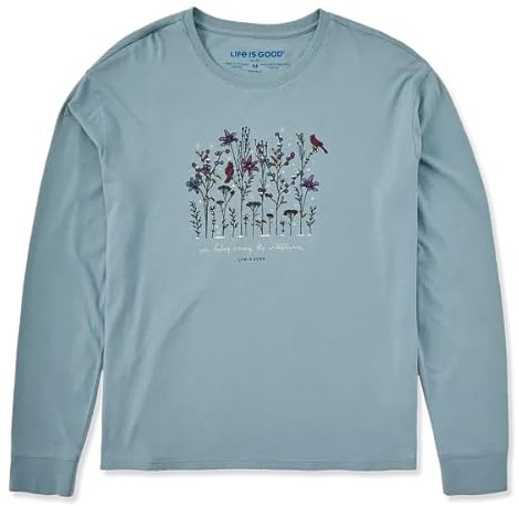 Life is Good. Women's Cardinal Wildflowers Long Sleeve Snuggle Up Sleep Tee, Smoky Blue, Extra Small