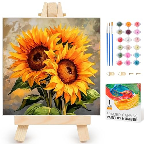 Fountor Sunflowers Paint by Numbers for Adults with Frame, Sunflower Adult Paint by Numbers Canvas Kits Without Easel, DIY Acrylic Oil Painting by Number for Home Wall Decor Gift 10x10in/25x25cm