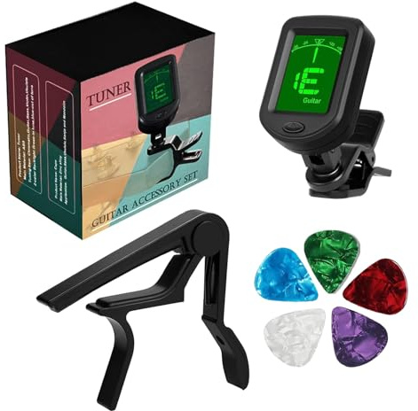 Guitar Tuner&Guitar Capo 7 Pack Include 1Pcs Clip-On Tuner with 1Pcs Quick-Change Capo and 5Pcs Guitar Picks for Acoustic Guitar, Bass, Violin Ukulele, Electric Guitar