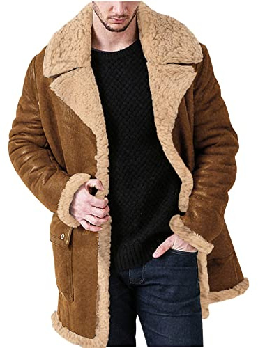 Long Teddy Coat Men Winter Sherpa Fleece Lined Suede Jacket Fluffy Coat Furry Overcoats Solid Color Long Sleeve Cardigan Turn-Down Collar Warm Outwear with Pocket S-5XL