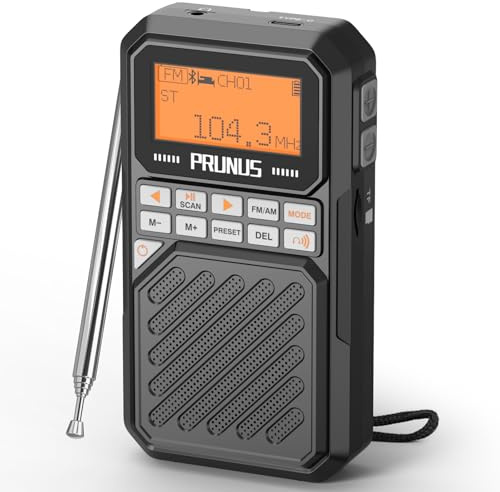 PRUNUS J-525 Mini Radio de Bolsillo Admite Conexión de Auriculares Bluetooth,Am FM Radios Digital con Preajuste Manuales, Radio Portatil Pequeña Recargable de 2500mah, Altavoz Tarjeta TF/Bluetooth.