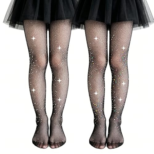 AffeGifts Collant Résille Noir Fille, 2 Paires Collant Brillant Avec Rhinestones, Collant Résille Strass Fille Pour Ballet Rocker Danse Halloween Fête