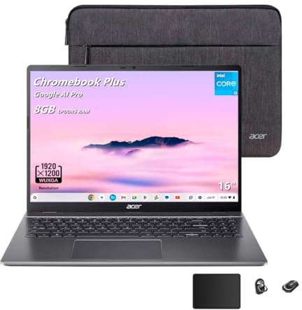 Acer Chromebook Plus 516, 16 pulgadas IPS (1920 x 1200) WUXGA Display Laptop, Intel i3-1315U, 8GB LPDDR5 RAM, 128GB UFS, cámara web, Chrome OS, Wi-Fi 6E, gris, funda protectora incluida, accesorios