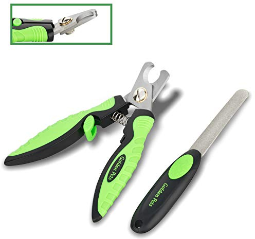 Golden Pets Profi Krallenschere + Feile I Einzigartiger 45 Grad Schneidekopf I Krallenzange mit Sicherheitsanschlag I Krallenschneider + Krallenfeile + Anleitung für den sicheren Schnitt