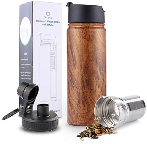 Sivaphe Insulated Water Bottle with Tea Filter Fruit Strainer Flask Stainless Steel Double Walled Vacuum for Camping Sport Home 500ml Wood Pattern 2 Lids