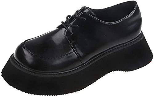 Pålitliga damskor japansk stil vintage plattform creepers skor klassiker rund tå snörning läderskor, Svart - Svart - 37.5 EU