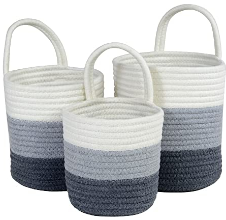 SmartProduct Baumwollseil Aufbewahrungskörbe für Babysachen, Pflanzen, Spielzeug und Toilettenartikel und Küche, robuste gewebte Körbe für die Aufbewahrung, Hängekorb aus Baumwolle, 3-er Set