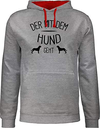 Pullover Herren Frauen Hoodie Kontrast zweifarbig - Sprüche Statement Spruch - Der mit dem Hund geht - M - Grau meliert/Rot - hundespruch Hoody Hunde Liebhaber Damen Pulli Hundehalter Kapuzenpulli