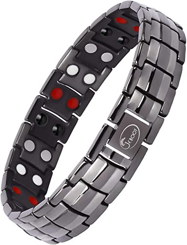 Pulsera Magnética de Titanio para hombre, pulsera magnética de Gris Metálico 4 elementos, elimina la electricidad estática, Pulsera de Longitud Ajustable con herramienta de Medición para