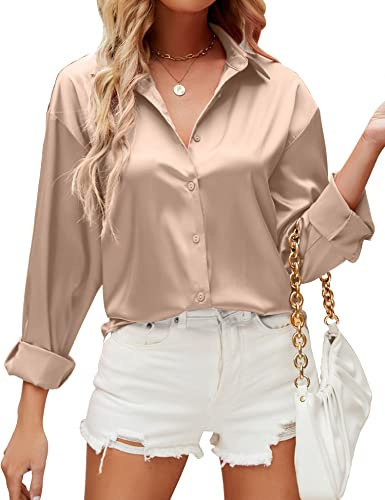 HANERDUN Women Top Blouse Top UK for Women UK Silk Shirt Ladies Tops V Neck Long Sleeve Casual Work Blouse Tops with Pocket Champagne
