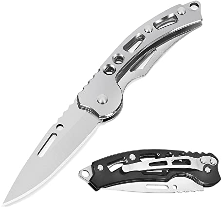 YiMai 2 pezzi Coltellino Pieghevole tascabile piccolo con moschettone, per Campeggio Raccolta di funghi e Caccia (Nero&Argento)