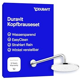 Duravit Universal Kopfbrausenset, Duscharm 410 mm, Duschkopf ((Ø 230 mm), Kopfbrause rund, Armatur im Winkel verstellbar, Chrom/Weiß