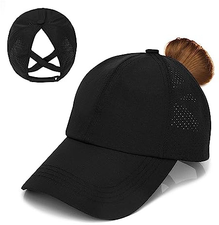 MUNSKT Women's Sports Cap for Ponytail, Criss Cross Adjustable Mesh Quick Drying Hat for Women Girls Running Baseball Golf Summer Travel Black