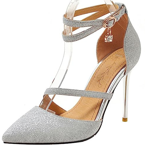 Lizoleor Sandali Tacco A Spillo Punta Con Cinturino Alla Caviglia Signora Scarpe Sposa Matrimonio Eleganti Sera Sequin Camoscio Cerimonia Sparkly Argento Numero 32 EU