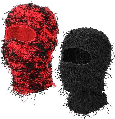 QKURT 2 Pcs Distressed Balaclava, Knitted Ski Mask Full Face Windproof Warm Cool Hat, Motorcycle Cycling Winter Warm Face Mask Special Party Dress-up for Men