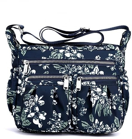 YYW Women Multi Pockets Handbags Cross-body Shoulder Bag Large Capacity Nylon Waterproof Messenger Handbag With Adjustable Strap for Hiking Shopping Travelling (Blue and white flowers)