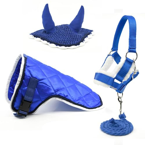 Conjunto de accesorios azul para Hobby Horse y Caballo Palo: cabestro mosmoteado con cordón + manta + gorro antimoscas