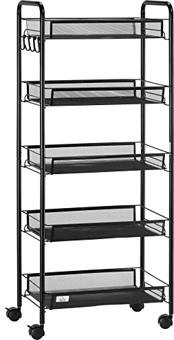 HOMCOM Chariot de Rangement à 5 Niveaux, desserte à roulettes avec paniers Amovibles et 4 Crochets, Cadre en Acier, Chariot de Cuisine, Salle de Bain, Salon, Espace étroit, 45 x 26,5 x 106 cm, Noir