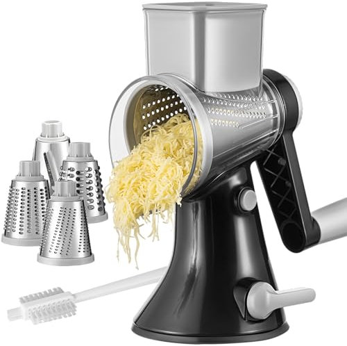 Brieftons 4-Blade Rotary Cheese Grater, Kitchen Food Grater with Handle, Mandoline Vegetable Slicer, Garlic Grater, Nut Grinder, Grater for Cheese, Vegetables, Fruits, Nuts, Easy to Use, Clean & Store
