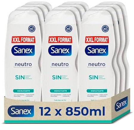 Sanex Gel de Ducha Neutro Hidratante 850 ml, Pack 12, con ingredientes esenciales, 0% sulfatos*, 0% jabón y 0% colorantes, para todo tipo de piel, hidratación duradera, tecnología triple acción