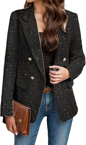 Suncadmious Blazer in Tweed da DonnaGiaca Casual a Maniche Lunghe Doppiopetto Elegante per Ufficio Business (Nero 2,M)