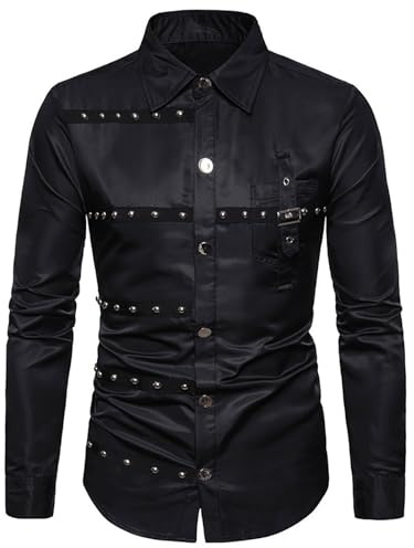 Caxndycing Halloween Chemise Homme Rétro Steampunk Chemise à Manches Longues Cuir Bouton Chemise Top Blouse Business Mariage Fête Punk Vêtements Personnalité Mode Décontracté Chemises, Noir , M