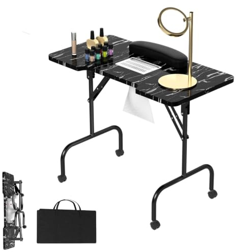 LARS360 Table de manucure avec aspiration, pliable, table de manucure, portable, avec roulettes, sac à poussière, sac de transport, grain noir