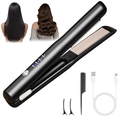 Rppiup Cordless Hair Straighteners, 2 in 1 Travel Straighteners & Curler, USB Rechargeable Cordless Straighteners with 4 Temperature, Cordless Hair Styler Professional Salon for All Hair Type (Black)