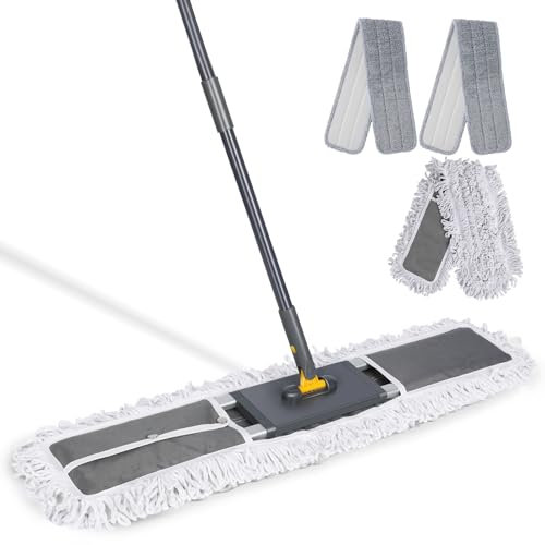 MASTERTOP 90cm Mocio Lavapavimenti Professionale in Alluminio, Mocio Commerciale con Manico Telescopico, Mop Microfibra e Cotone Rotante a 360° per Ufficio, Magazzino, Garage, con 3 Panni (Grigio)