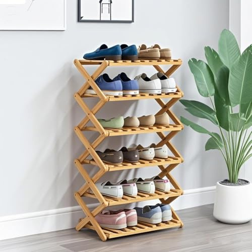 Glsety Zapatero de bambú de 6 niveles, estante de almacenamiento de zapatos plegable portátil, sin instalación, zapatero pequeño perfecto para pasillos, dormitorios y espacios pequeños