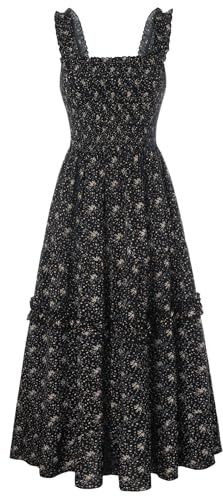 SCARLET DARKNESS Robe florale spaghetti victorienne à smocks longue d'été décontractée pour femme
